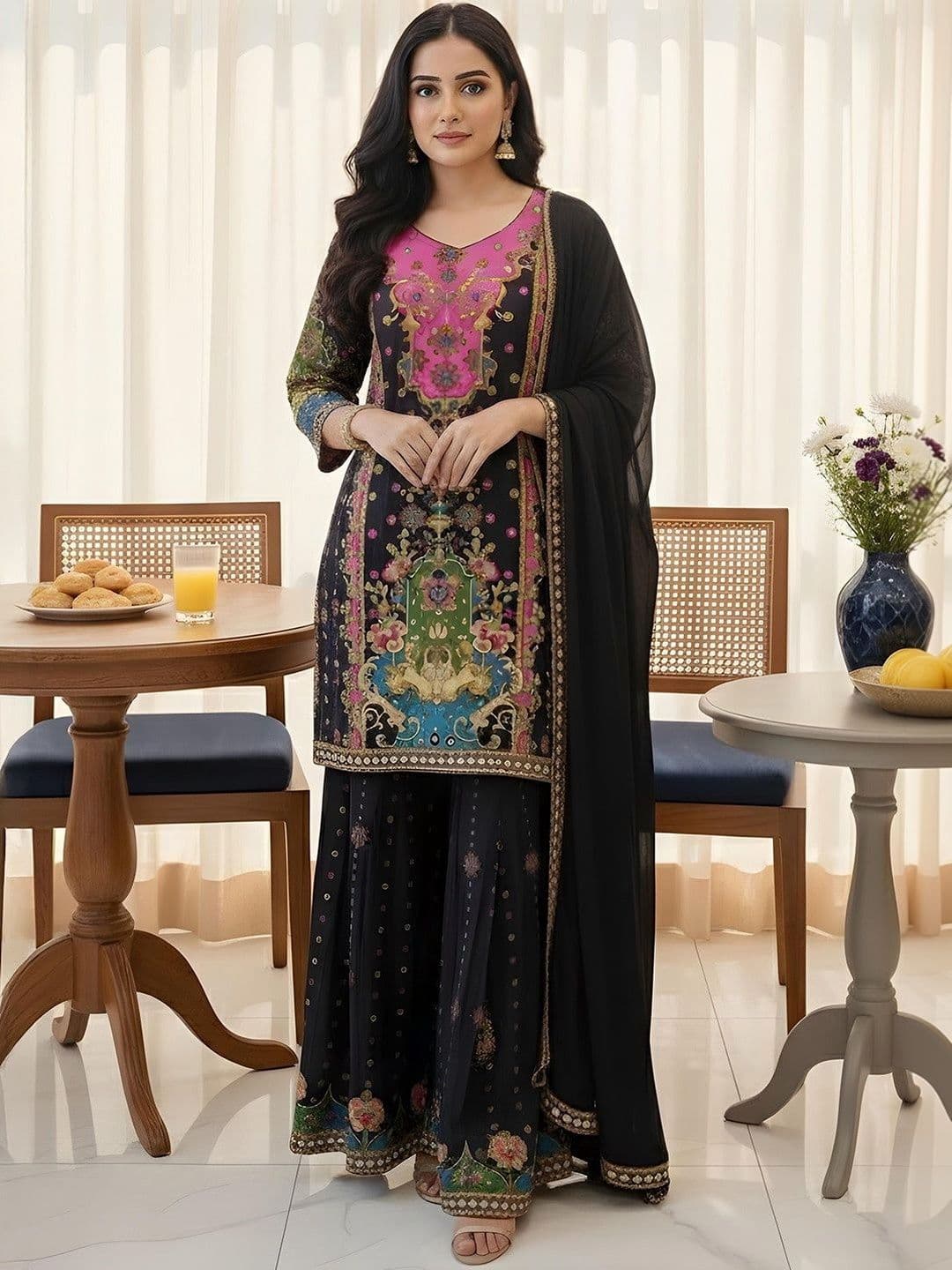 kiyooclothing Women Ethnic Motifs Printed Regular Mirror Work Kurta with Sharara & With Dupatta - view 1