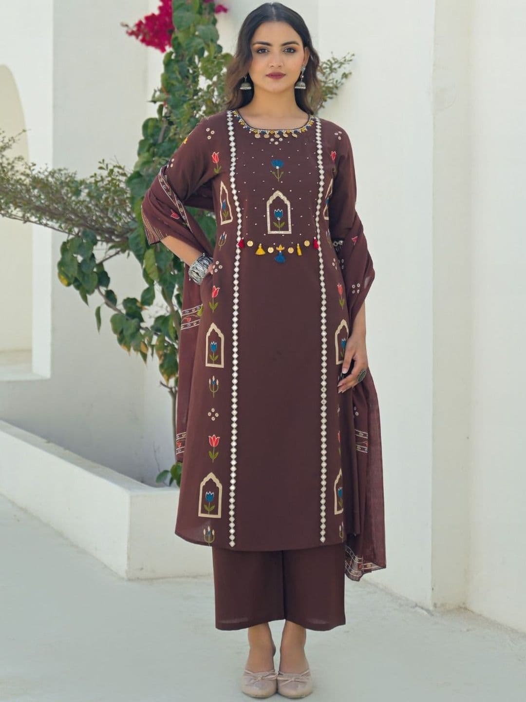 Sangria Printed Cotton Round Neck Kurta & Trousers With Dupatta thumbnail 7