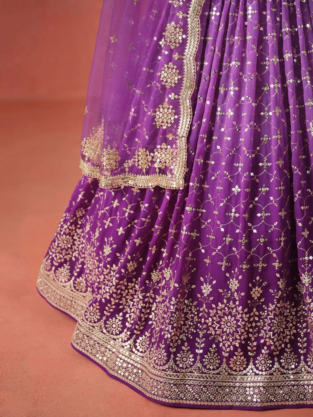 ETHNIC PLUS Embroidered Purple Embellished Sequinned Semi-Stitched Lehenga & Blouse With Dupatta thumbnail 5
