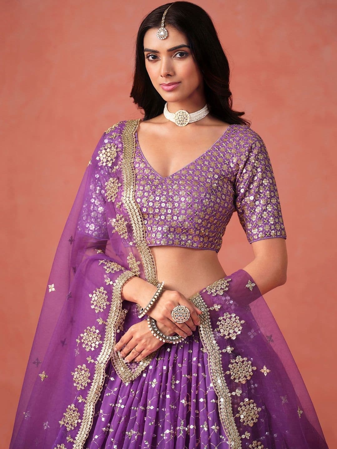 ETHNIC PLUS Embroidered Purple Embellished Sequinned Semi-Stitched Lehenga & Blouse With Dupatta thumbnail 4