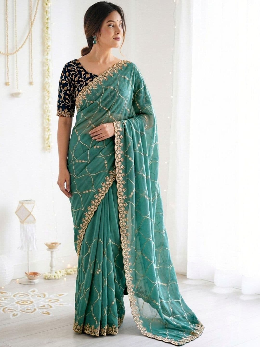 Satrani Embellished Embroidered Pure Georgette Saree With Designer Blouse thumbnail 3