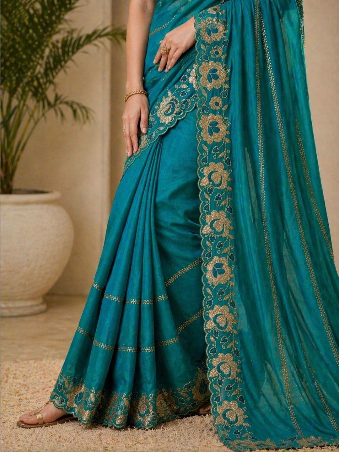HERE&NOW Floral Embroidered Poly Georgette Designer Banarasi Saree thumbnail 7