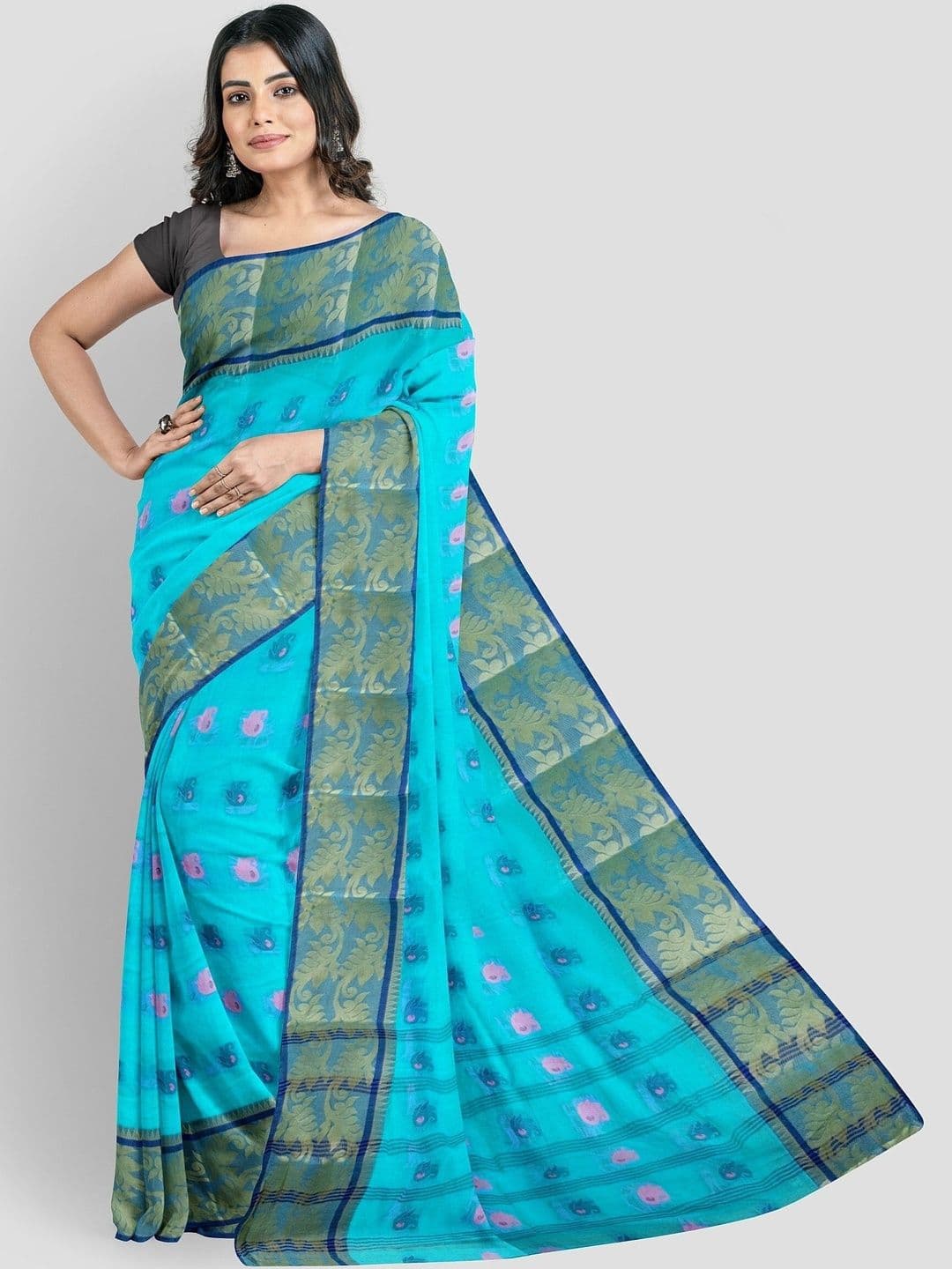 Aishani Saree Ghar Ethnic Motifs Zari Pure Cotton Handloom Taant Sarees thumbnail 2