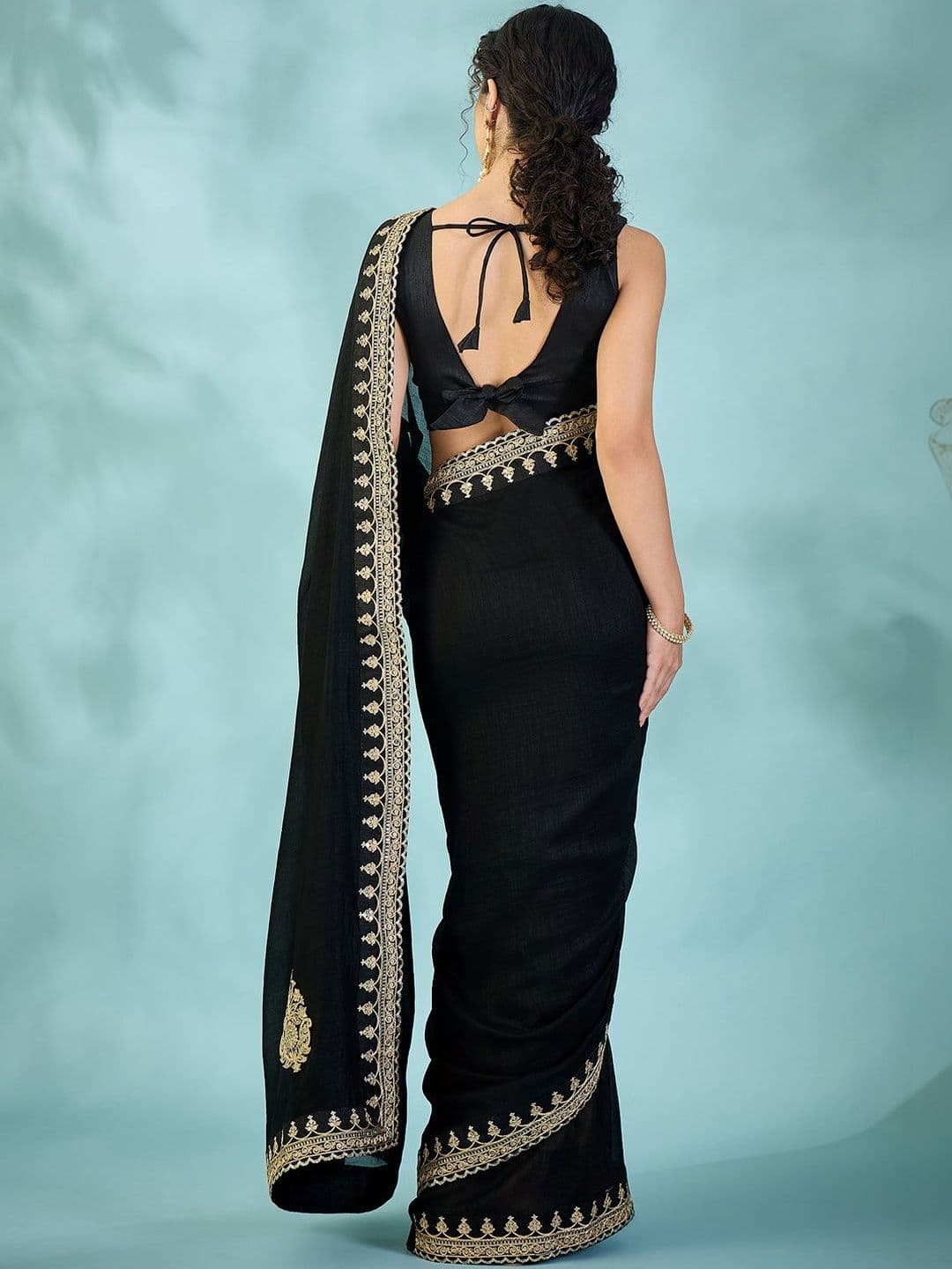 Saree mall Black Embellished Embroidered Heavy Work Sarees Unstiched Blouse thumbnail 6