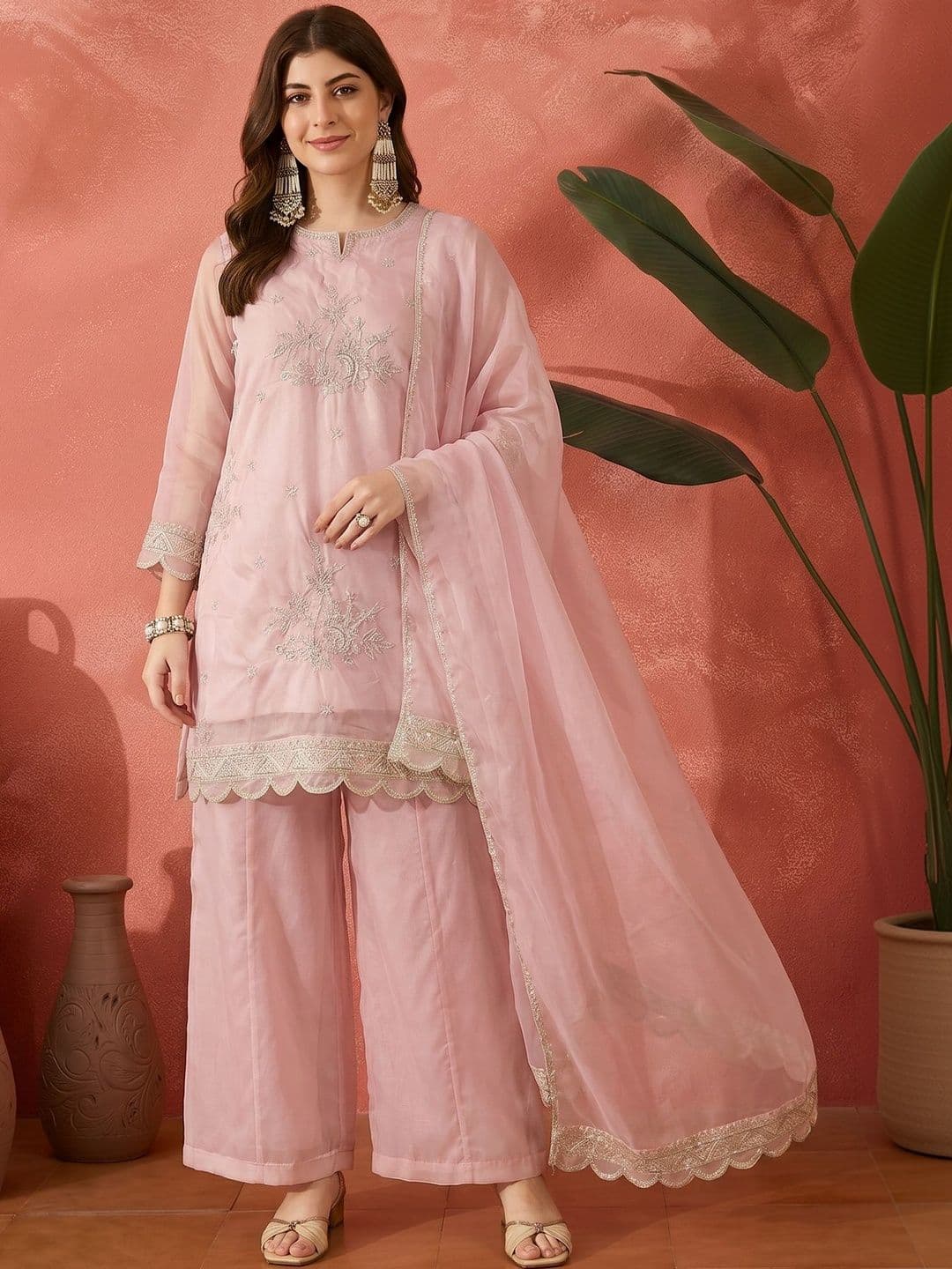 Sangria Embroidered Round Neck Kurta & Trousers With Dupatta thumbnail 4