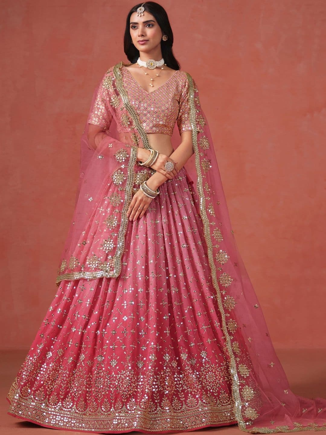 ETHNIC PLUS Embroidered Peach Embellished Sequinned Semi-Stitched Lehenga & Blouse With Dupatta thumbnail 7