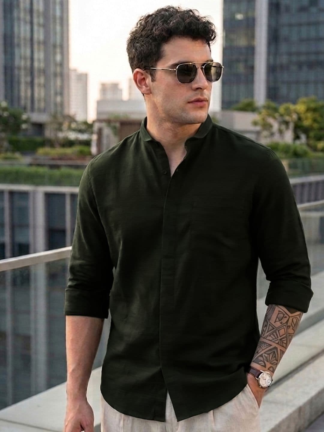 Urbano Fashion Men Club Collar Solid Cotton Casual Shirt - view 1