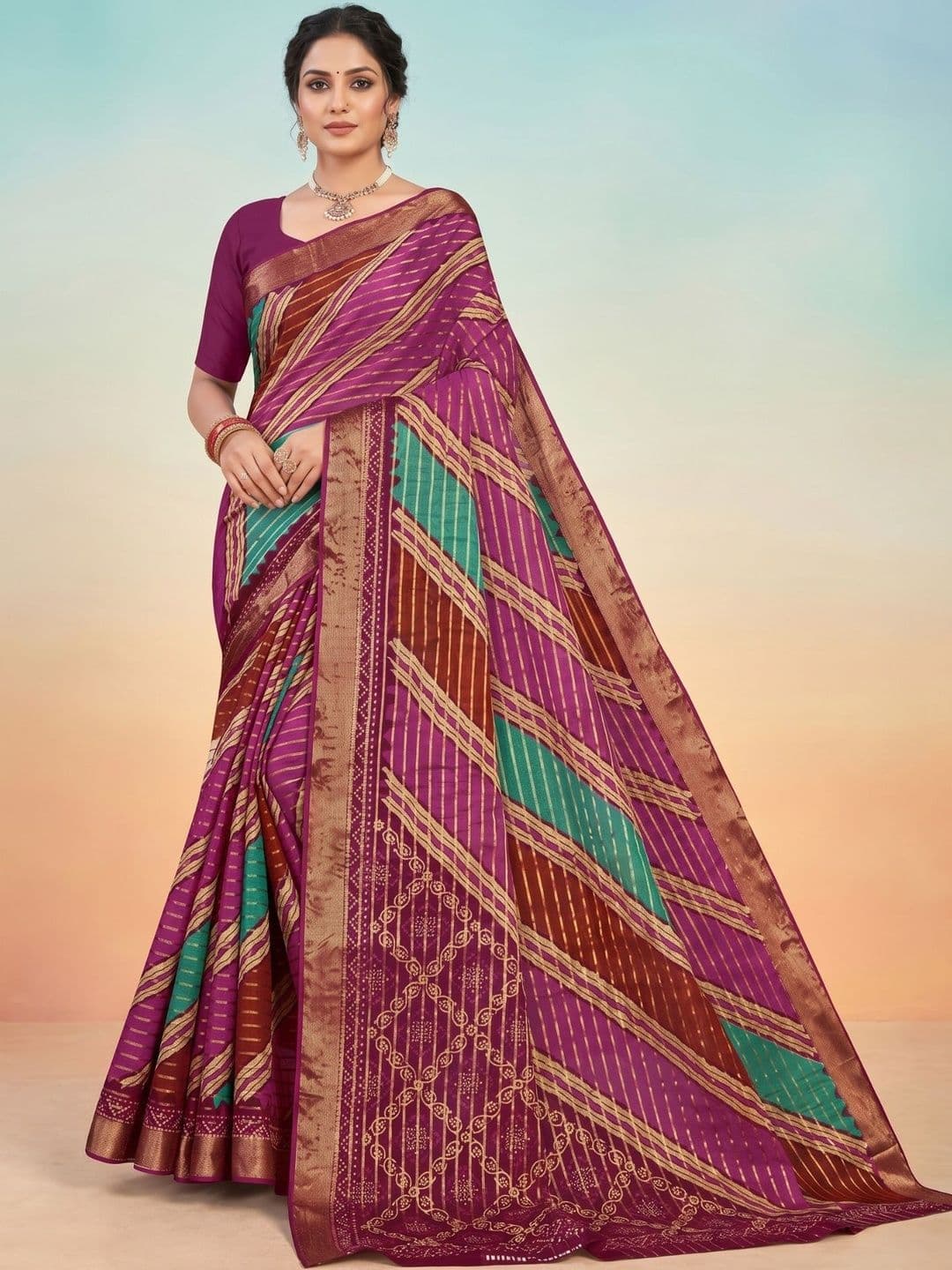 HERE&NOW X Minu Fashions Woven Design Zari Pure Cotton Block Print Saree - view 1