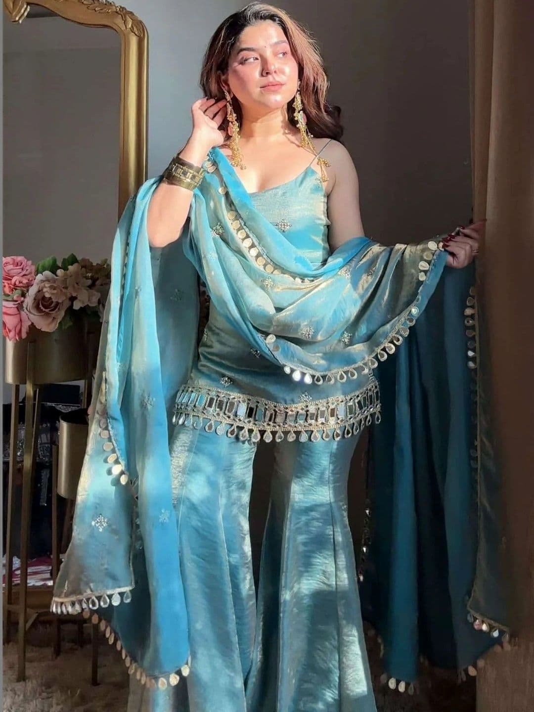 HERE&NOW Women Regular Mirror Work Silk Georgette Top with Palazzos & With Dupatta - view 1