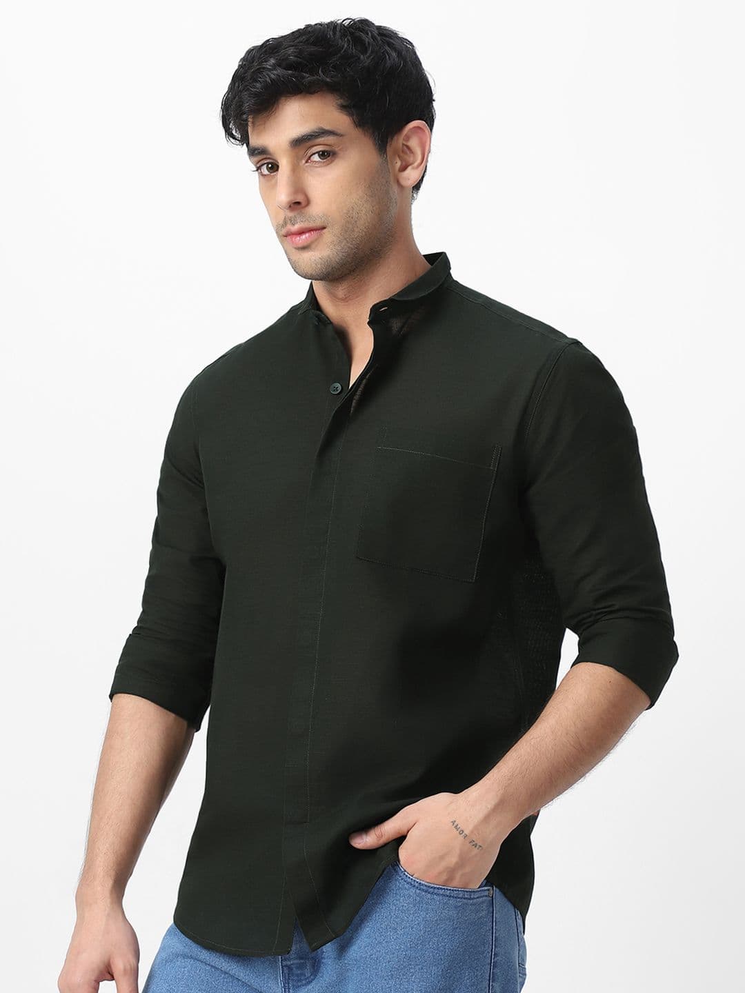 Urbano Fashion Men Club Collar Solid Cotton Casual Shirt thumbnail 6