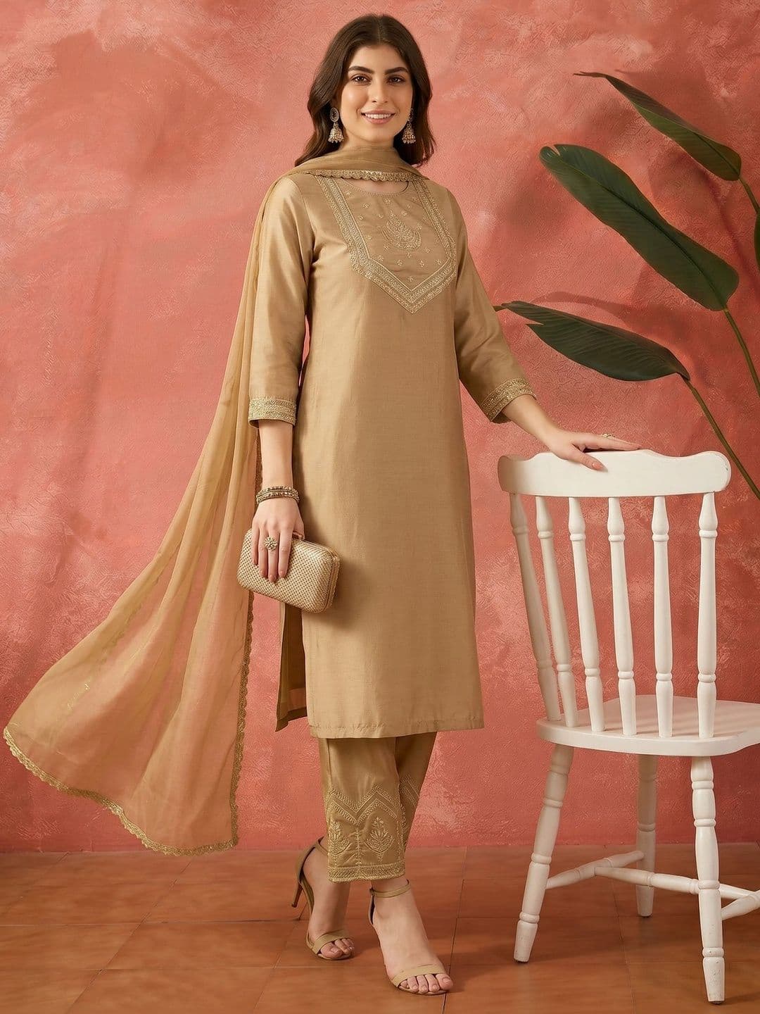 Sangria Embroidered Round Neck Kurta Sets - view 1