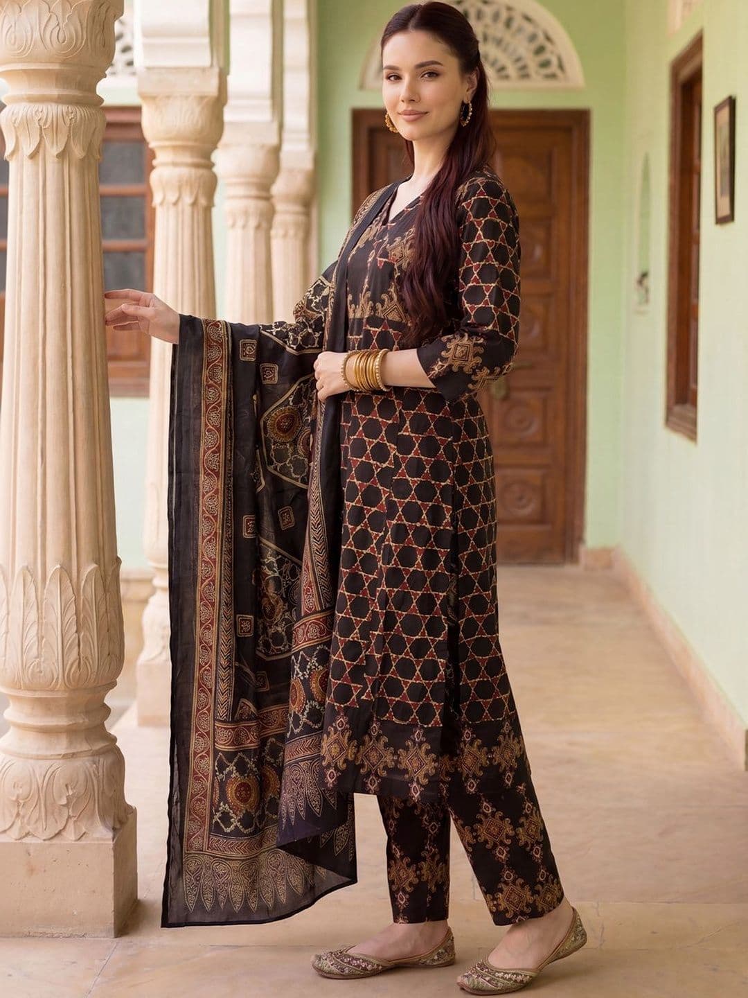 Indo Era Women Ethnic Motifs Printed Regular Pure Cotton Kurta with Trousers & With Dupatta thumbnail 6