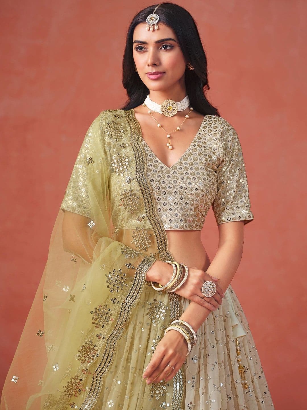 ETHNIC PLUS Embroidered Yellow Embellished Sequinned Semi-Stitched Lehenga & Blouse With Dupatta thumbnail 4