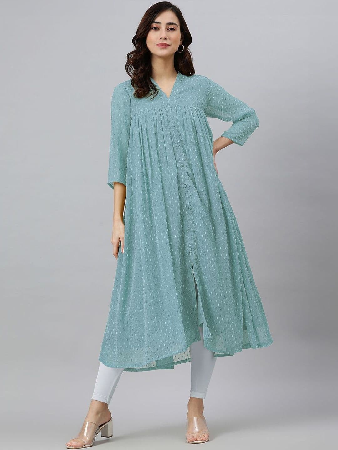 Janasya Women Blue Dobby Chiffon Self Design Flared Kurta - view 1