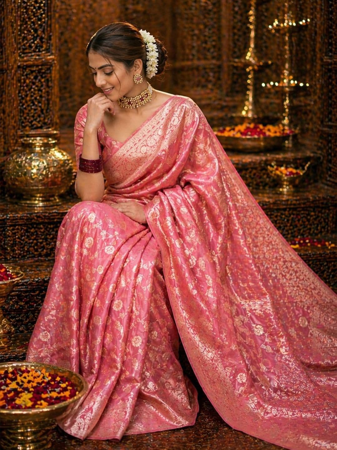 ANIRAV Ethnic Motifs Zari Silk Blend Heavy Work Banarasi Saree thumbnail 4
