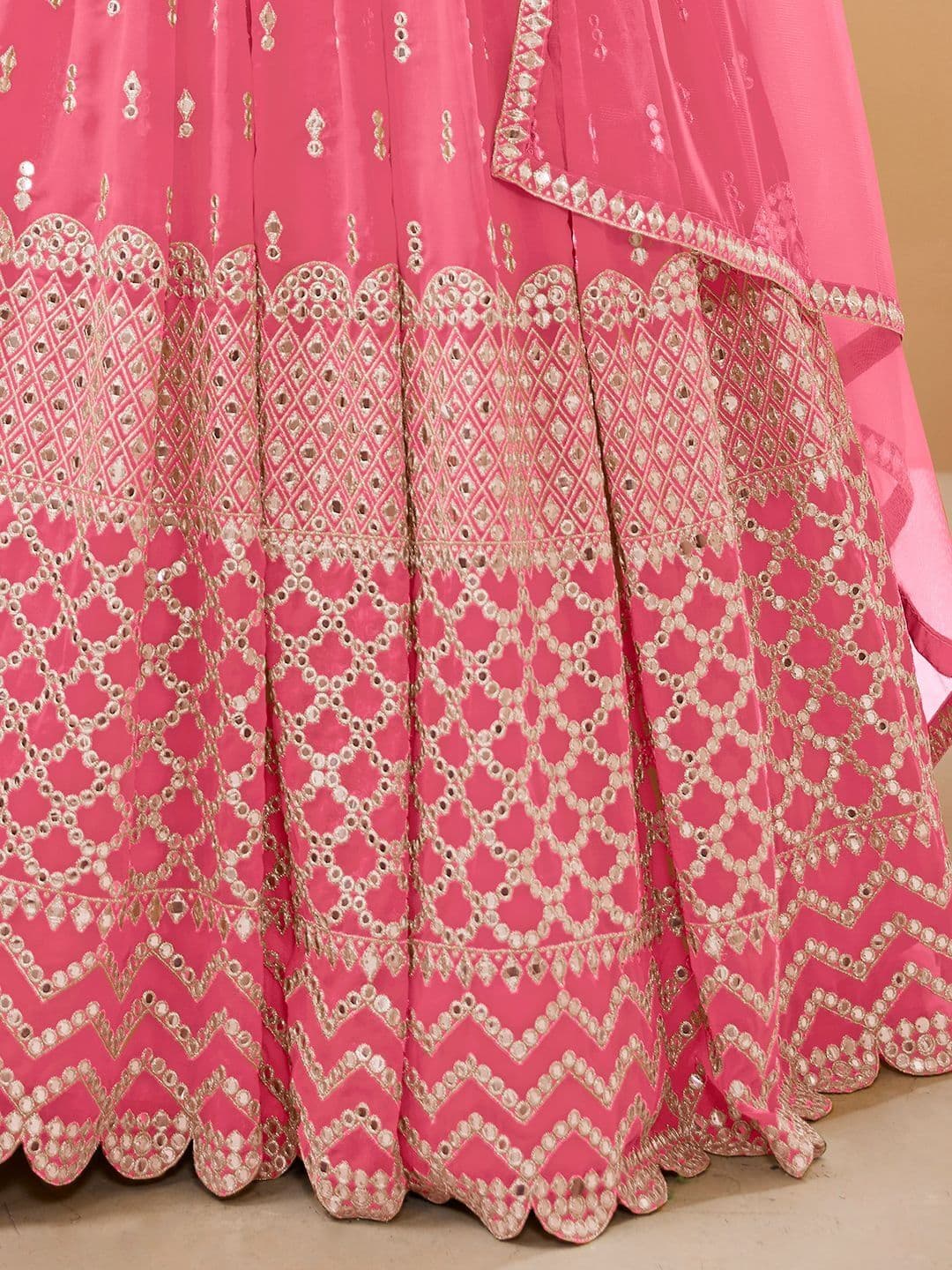 ETHNIC PLUS Embroidered Pink Embellished Mirror Work Semi-Stitched Lehenga & Blouse With Dupatta thumbnail 4