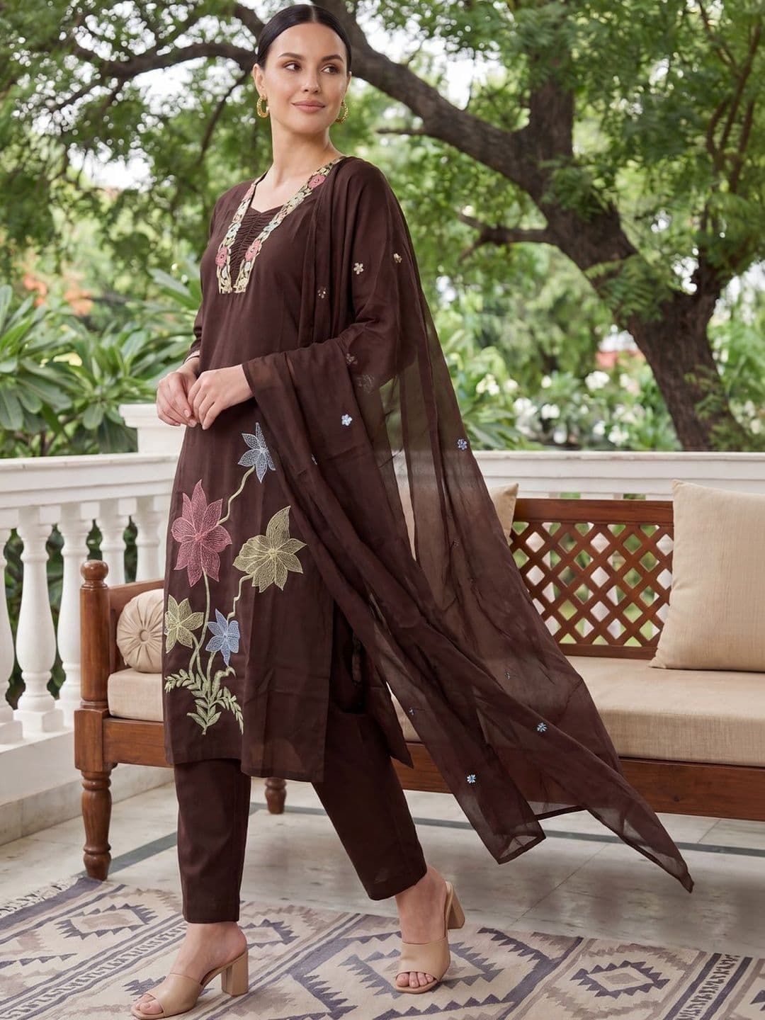 Indo Era Women Floral Embroidered Regular Thread Work Pure Cotton Kurta with Trousers & With Dupatta - view 1