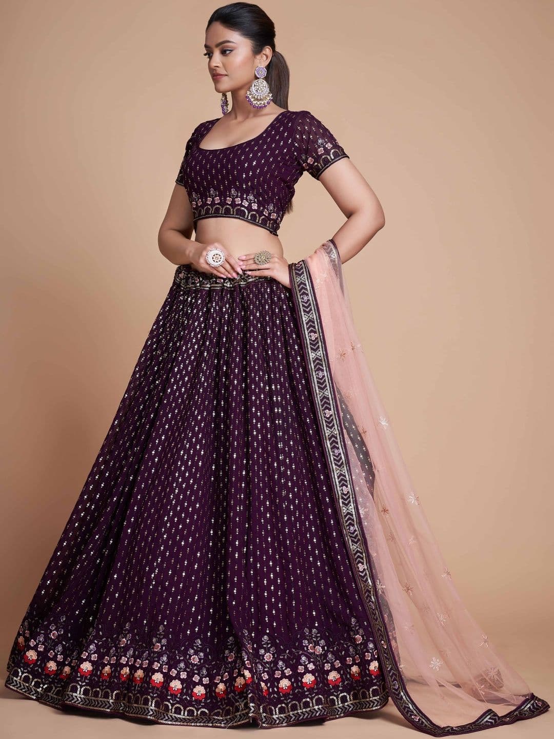 ETHNIC PLUS Embroidered Purple Embellished Sequinned Semi-Stitched Lehenga & Blouse With Dupatta thumbnail 3