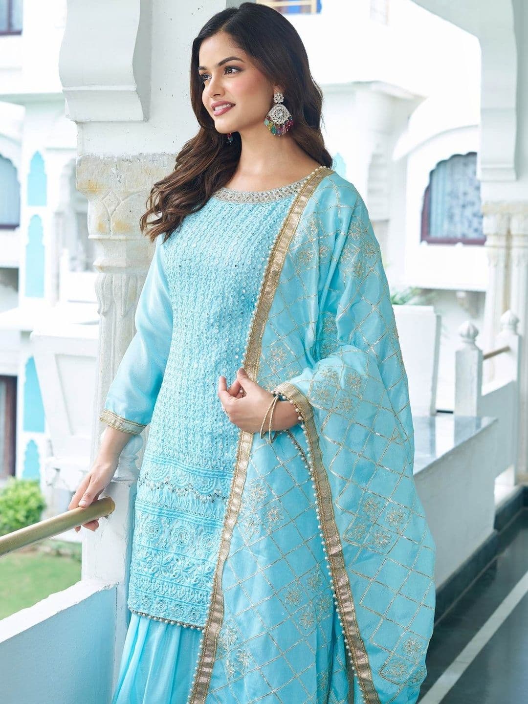 HERE&NOW Women Ethnic Motifs Embroidered Regular Thread Work Kurta with Sharara & With Dupatta thumbnail 4