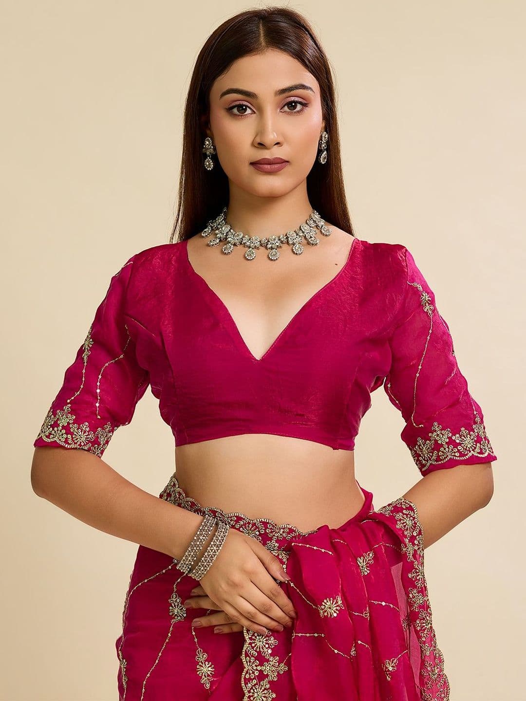 Elite Fashion Embellished Embroidered Satin Heavy Work Saree thumbnail 2