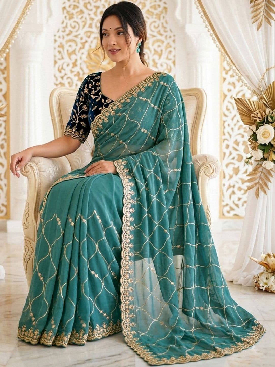 Satrani Embellished Embroidered Pure Georgette Saree With Designer Blouse thumbnail 2