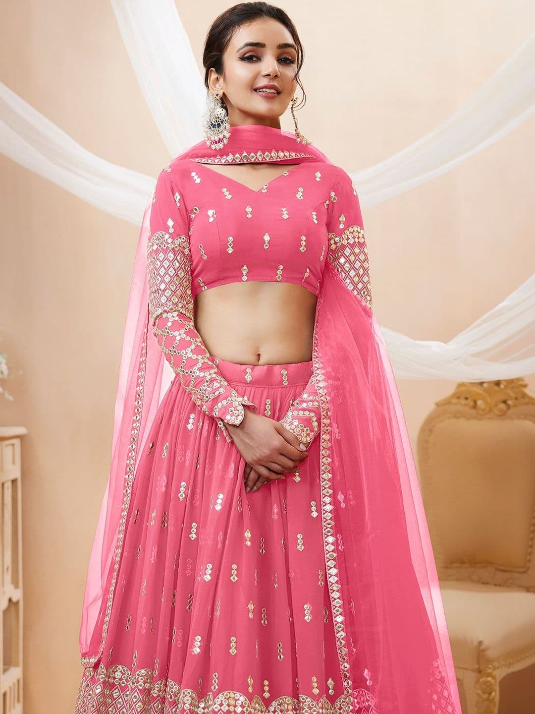 ETHNIC PLUS Embroidered Pink Embellished Mirror Work Semi-Stitched Lehenga & Blouse With Dupatta thumbnail 6