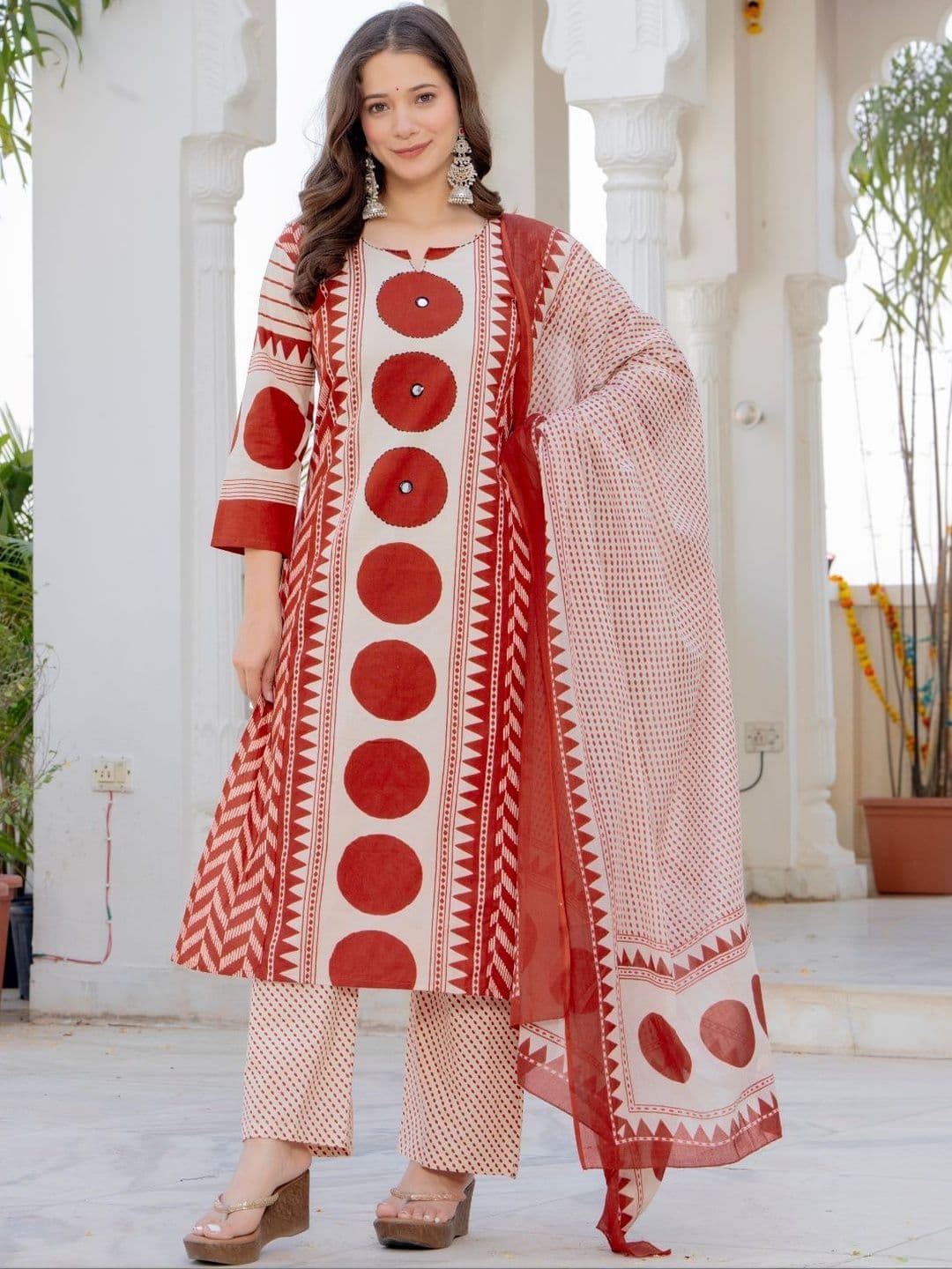 Amayra Geometric Printed Regular Mirror Work Pure Cotton Kurta with Trousers & Dupatta - view 1