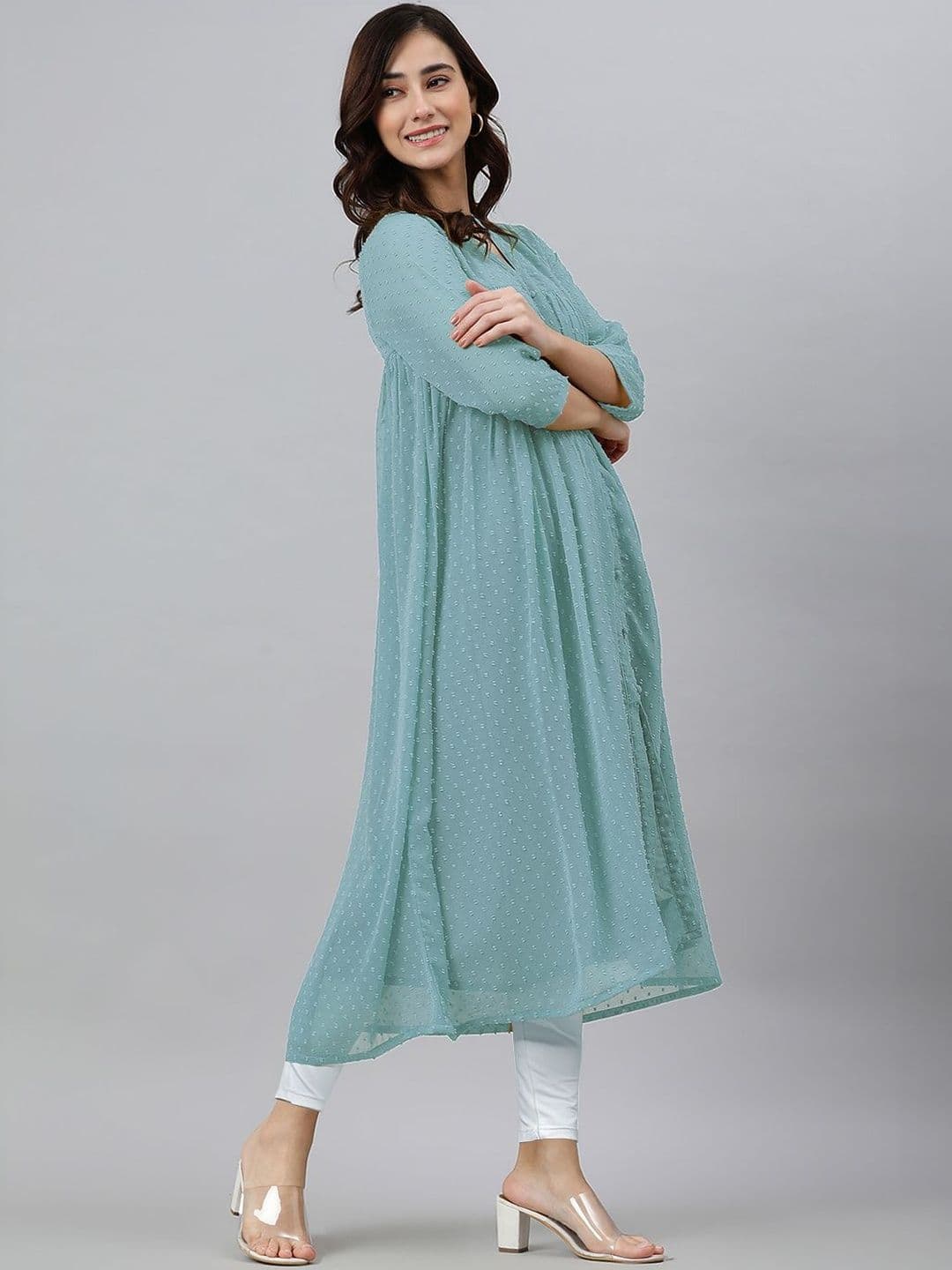 Janasya Women Blue Dobby Chiffon Self Design Flared Kurta thumbnail 3