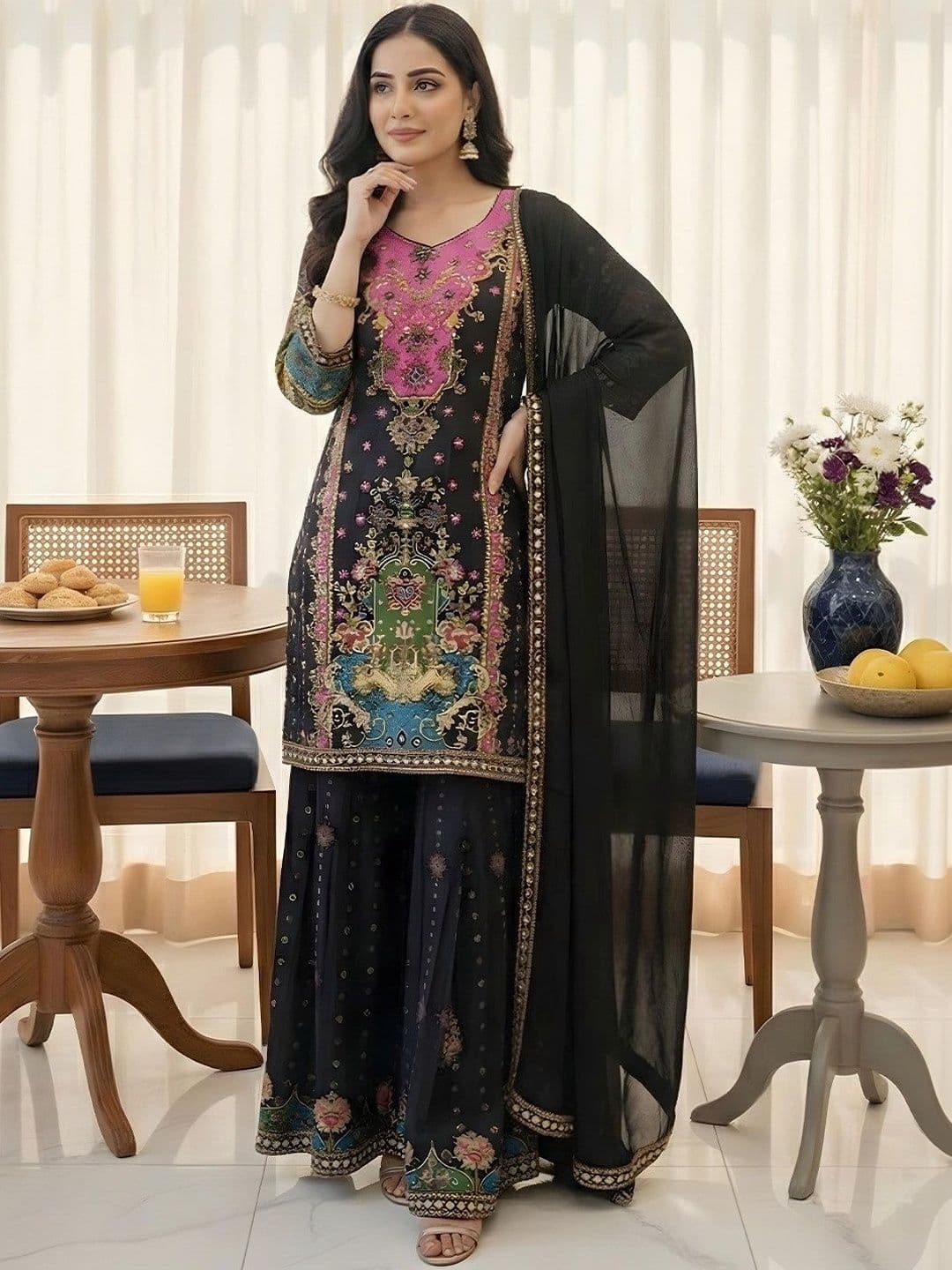 kiyooclothing Women Ethnic Motifs Printed Regular Mirror Work Kurta with Sharara & With Dupatta thumbnail 4