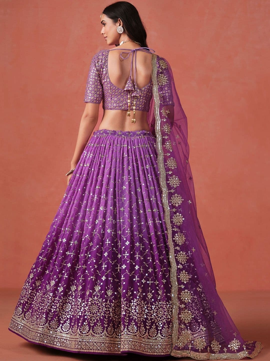 ETHNIC PLUS Embroidered Purple Embellished Sequinned Semi-Stitched Lehenga & Blouse With Dupatta thumbnail 2