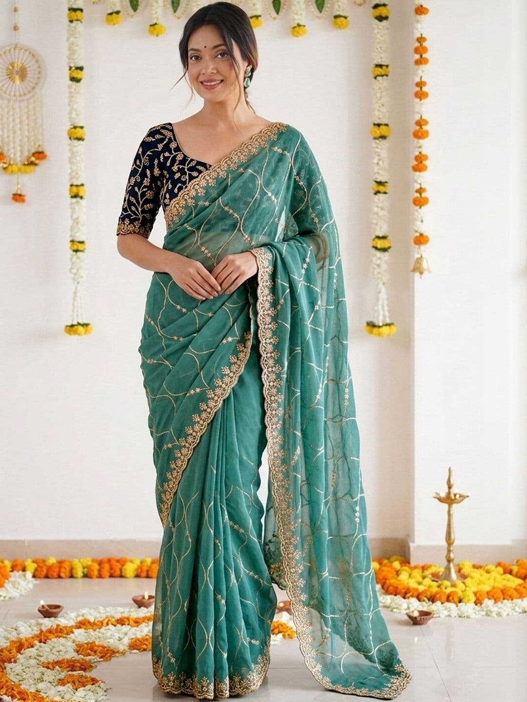 Satrani Embellished Embroidered Pure Georgette Saree With Designer Blouse - view 1