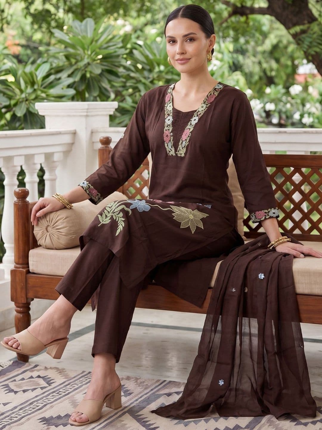 Indo Era Women Floral Embroidered Regular Thread Work Pure Cotton Kurta with Trousers & With Dupatta thumbnail 4