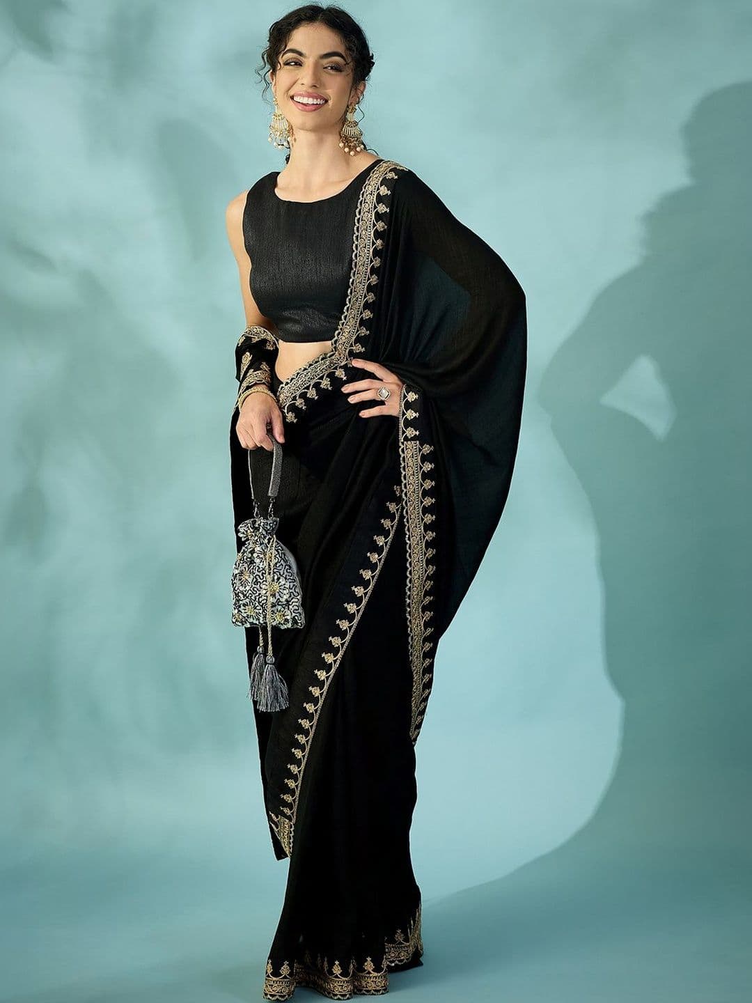 Saree mall Black Embellished Embroidered Heavy Work Sarees Unstiched Blouse thumbnail 5