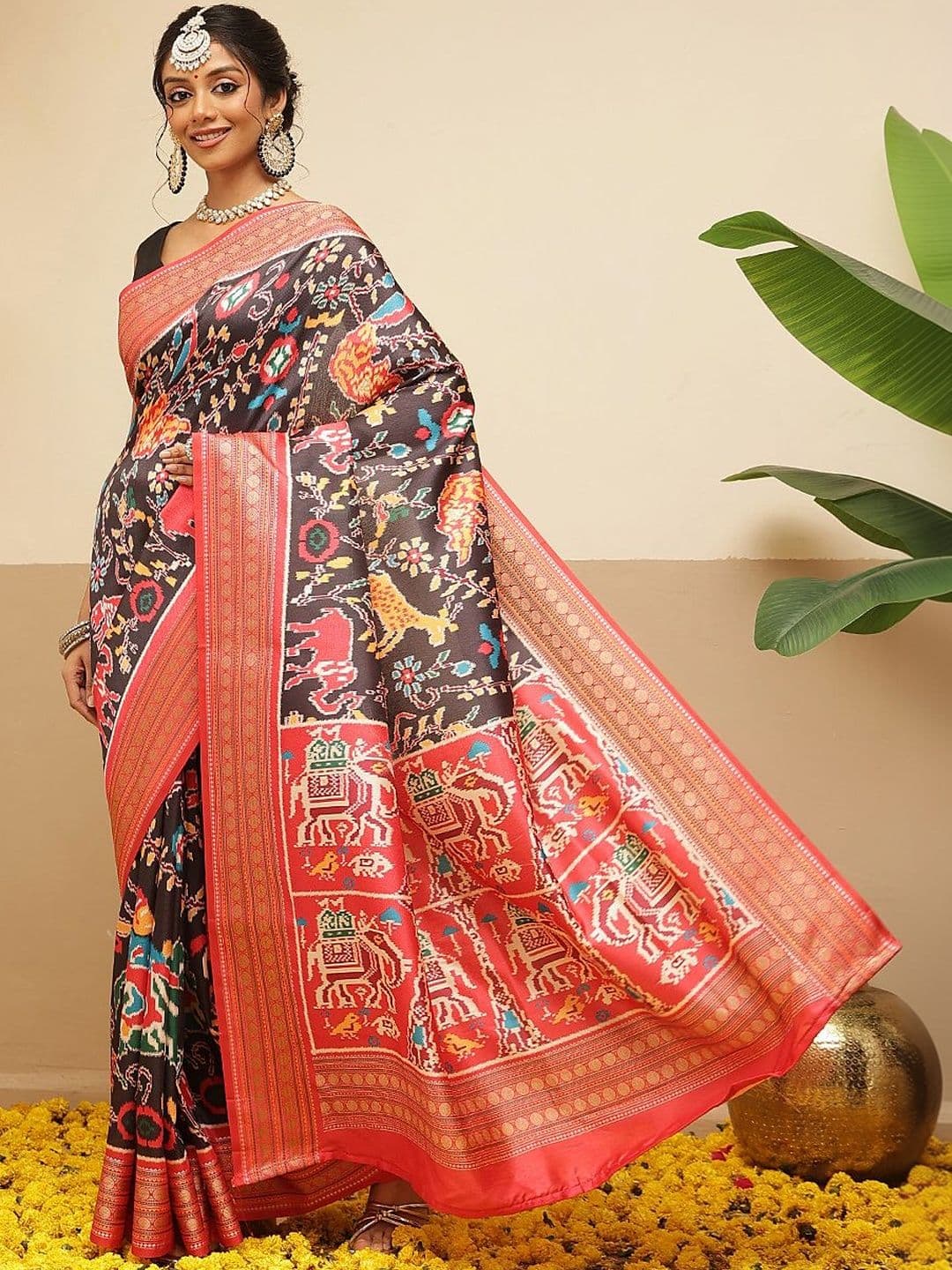 Silk Land Kalamkari Phulkari Jute Silk Fusion Patola Saree - view 1