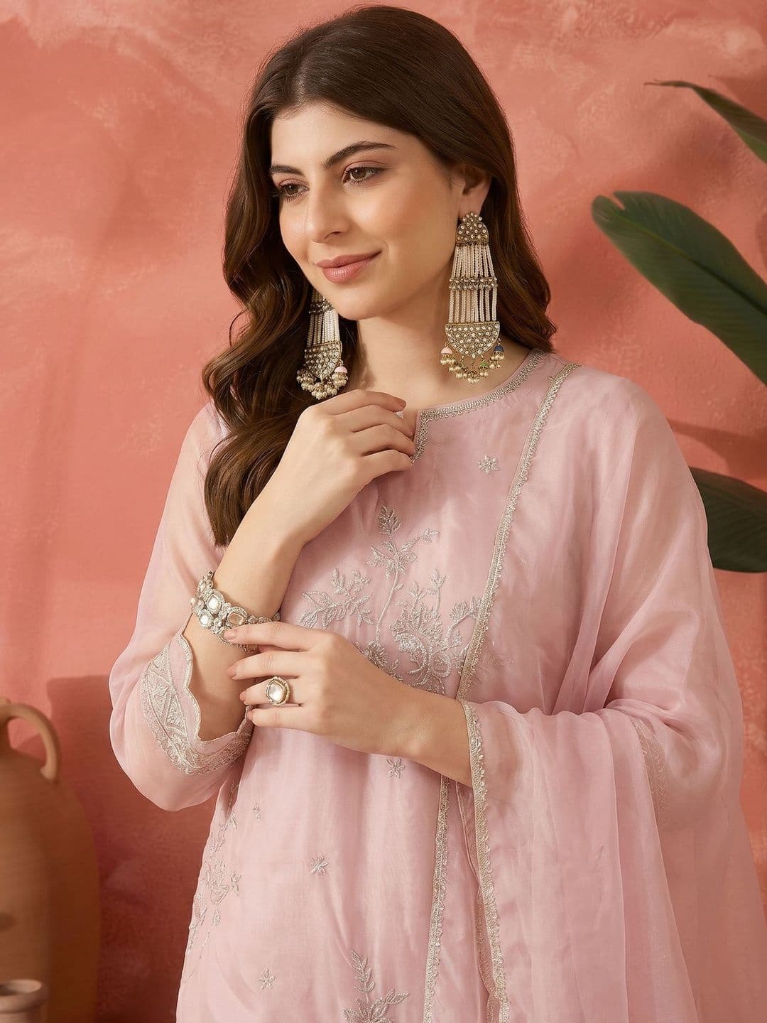 Sangria Embroidered Round Neck Kurta & Trousers With Dupatta thumbnail 2