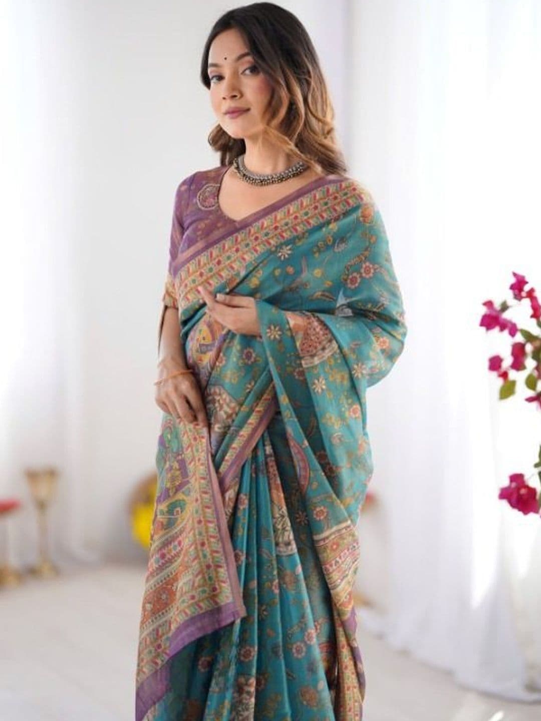 KALINI Ethnic Motifs Linen Blend Handloom Chanderi Saree thumbnail 5