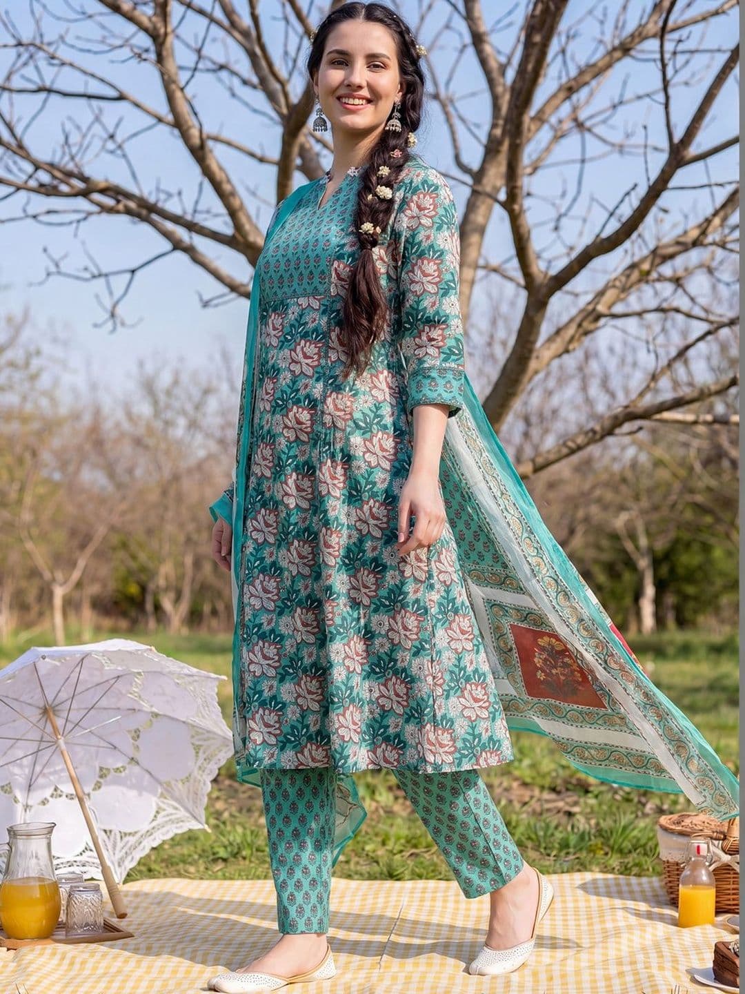 Indo Era Women Floral Printed Regular Pure Cotton Kurta with Trousers & With Dupatta thumbnail 3