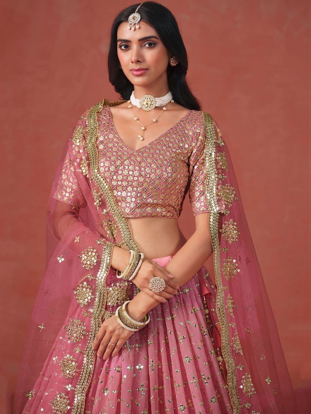 ETHNIC PLUS Embroidered Peach Embellished Sequinned Semi-Stitched Lehenga & Blouse With Dupatta thumbnail 2