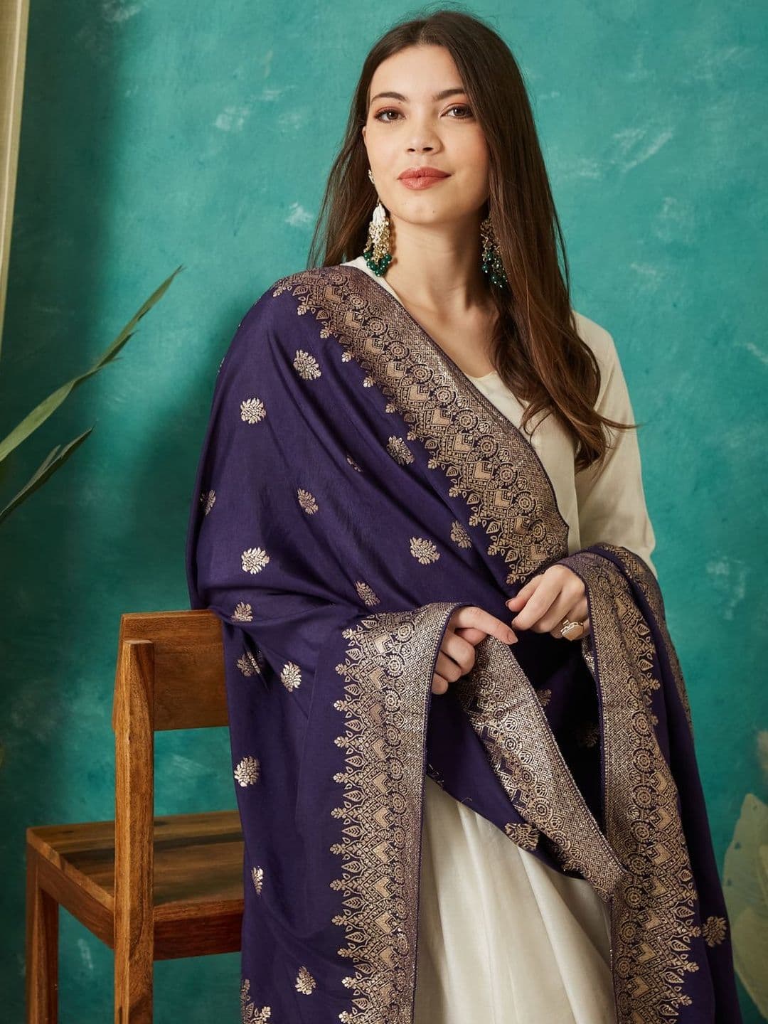 VASVI Ethnic Motifs Woven Design Cotton Silk Dupatta with Zari thumbnail 2
