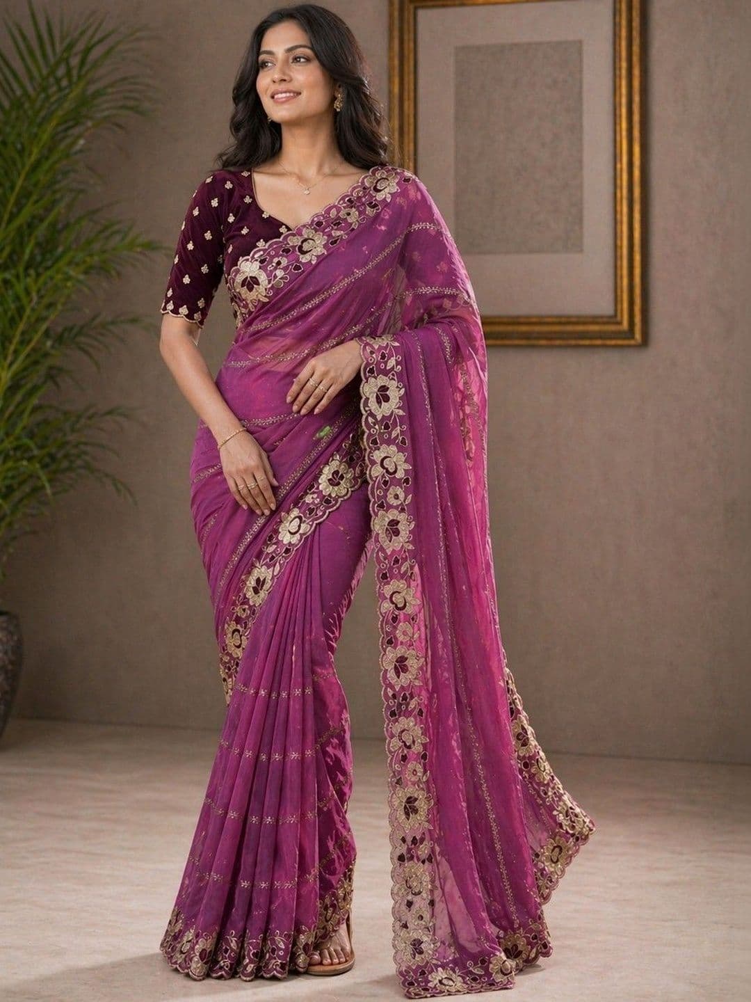 HERE&NOW Floral Embellished Embroidered Poly Georgette Banarasi Saree thumbnail 5