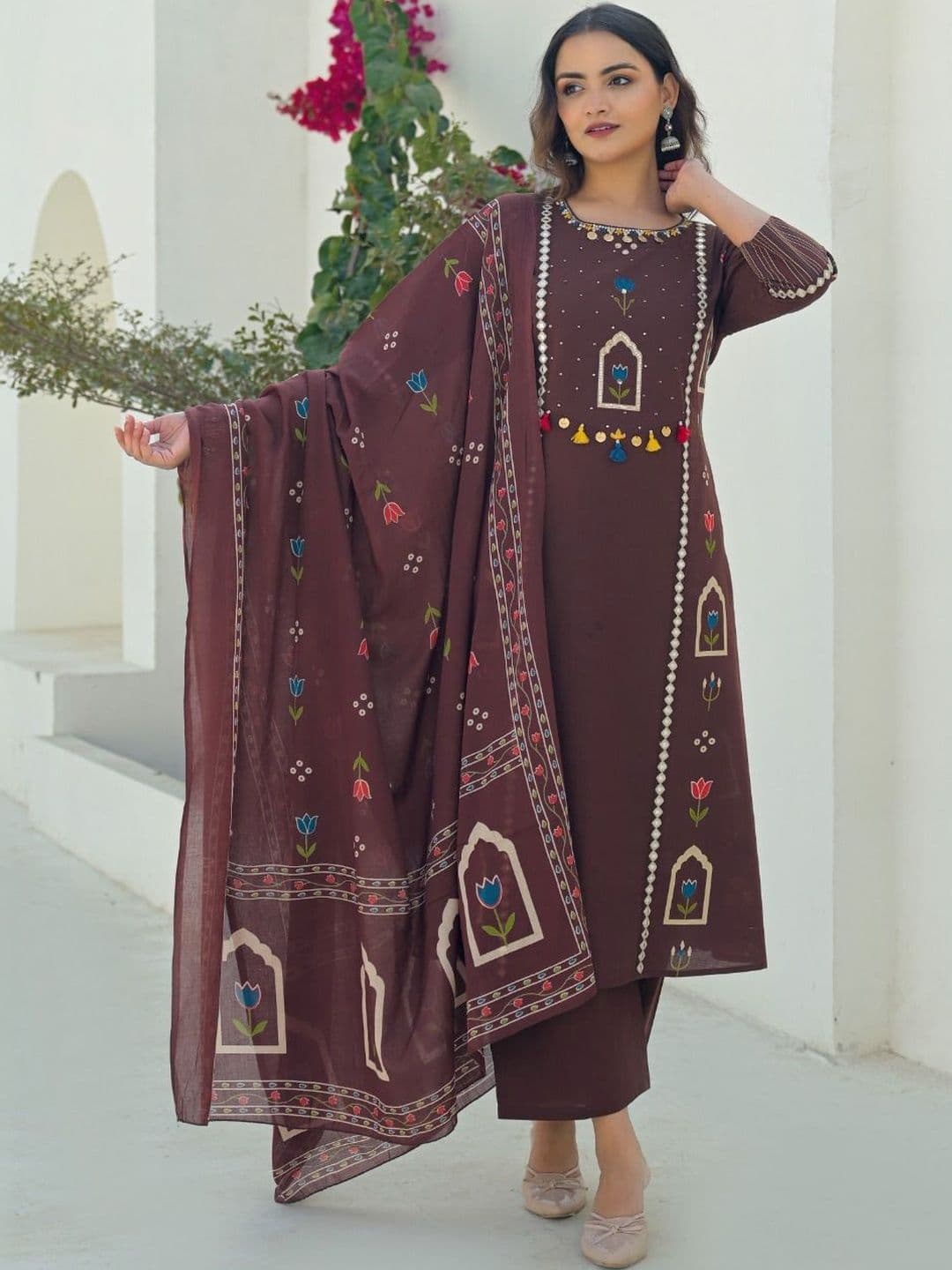 Sangria Printed Cotton Round Neck Kurta & Trousers With Dupatta - view 1