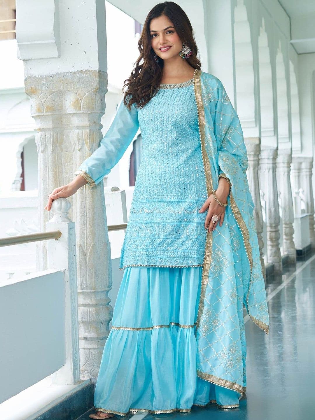 HERE&NOW Women Ethnic Motifs Embroidered Regular Thread Work Kurta with Sharara & With Dupatta thumbnail 2