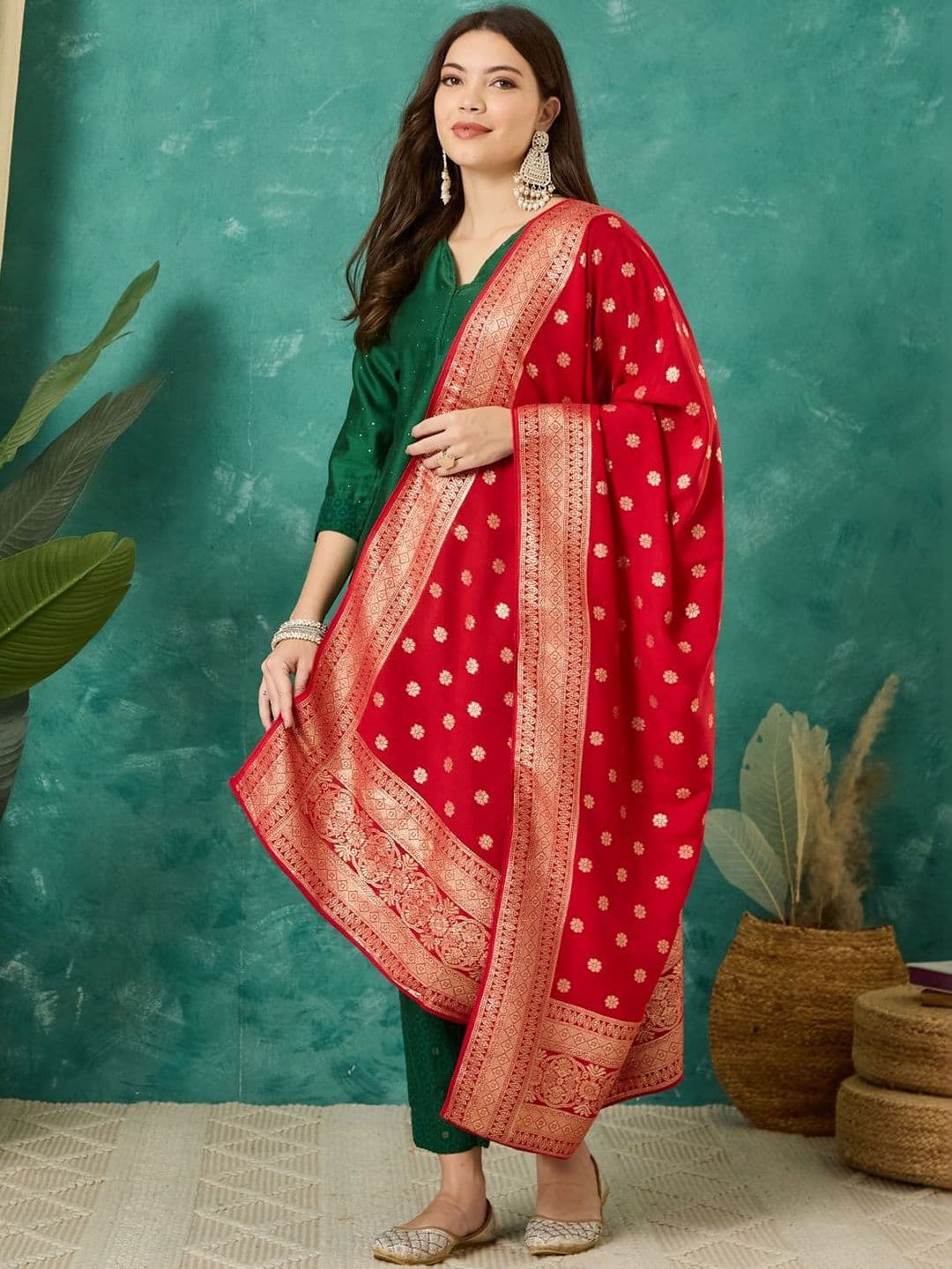 VASVI Ethnic Motifs Woven Design Cotton Silk Dupatta with Zari thumbnail 5