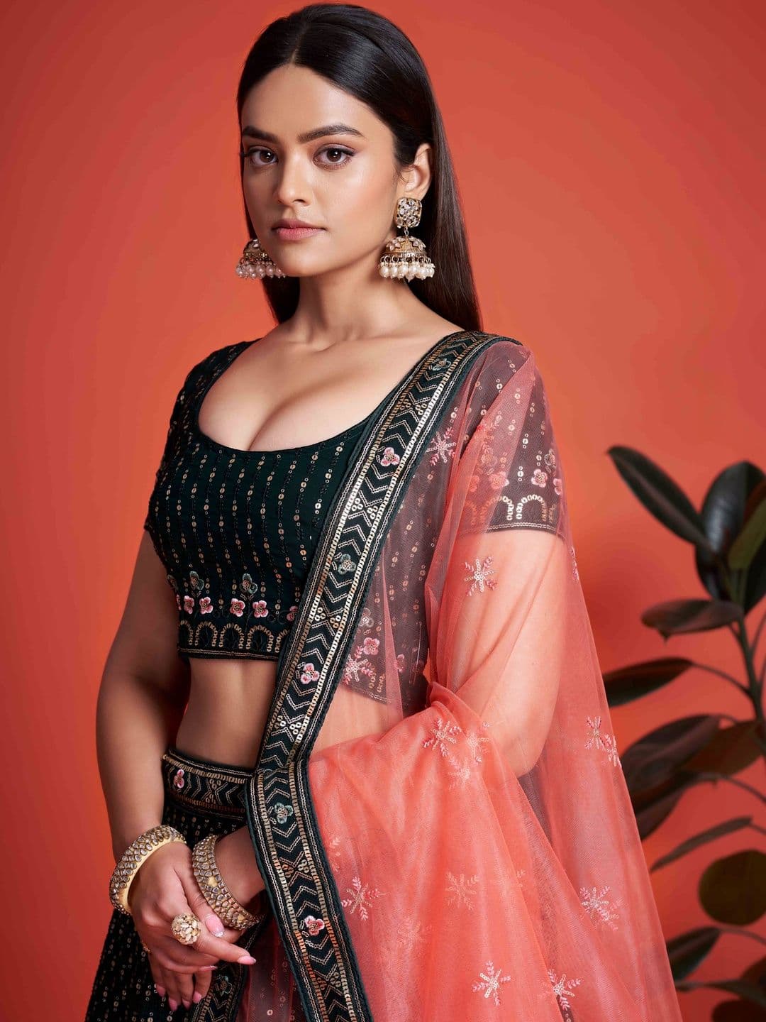 ETHNIC PLUS Embroidered Green Embellished Sequinned Net Semi-Stitched Lehenga & Blouse With Dupatta thumbnail 2