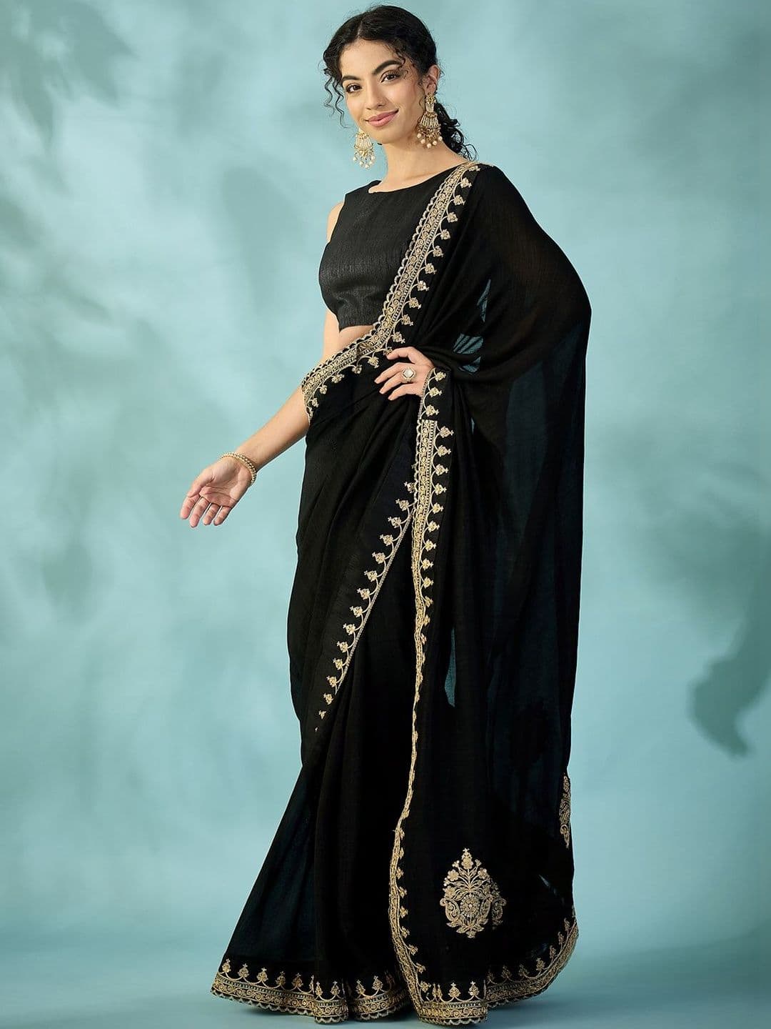 Saree mall Black Embellished Embroidered Heavy Work Sarees Unstiched Blouse thumbnail 7