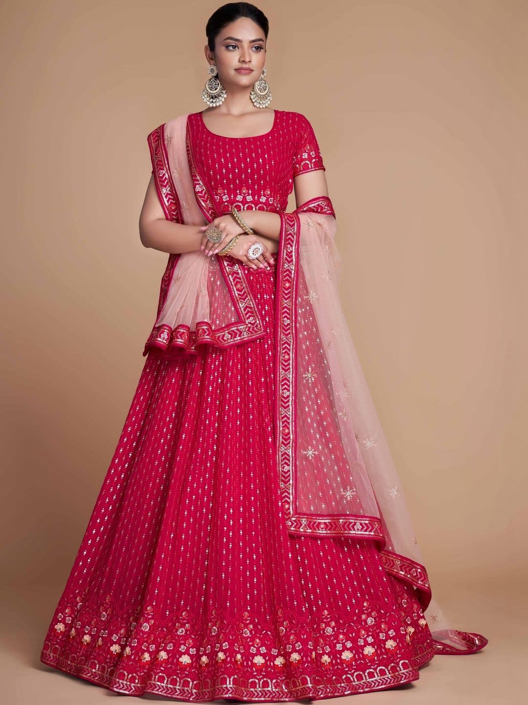 ETHNIC PLUS Embroidered Pink Embellished Sequinned net Semi-Stitched Lehenga & Blouse With Dupatta - view 1
