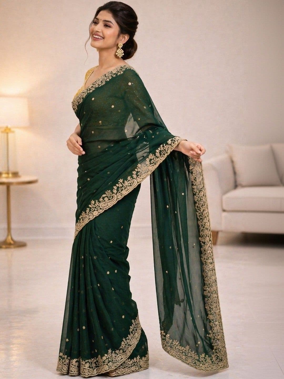 HERE&NOW Ethnic Motifs Embroidered Poly Georgette Heavy Work Banarasi Saree thumbnail 5