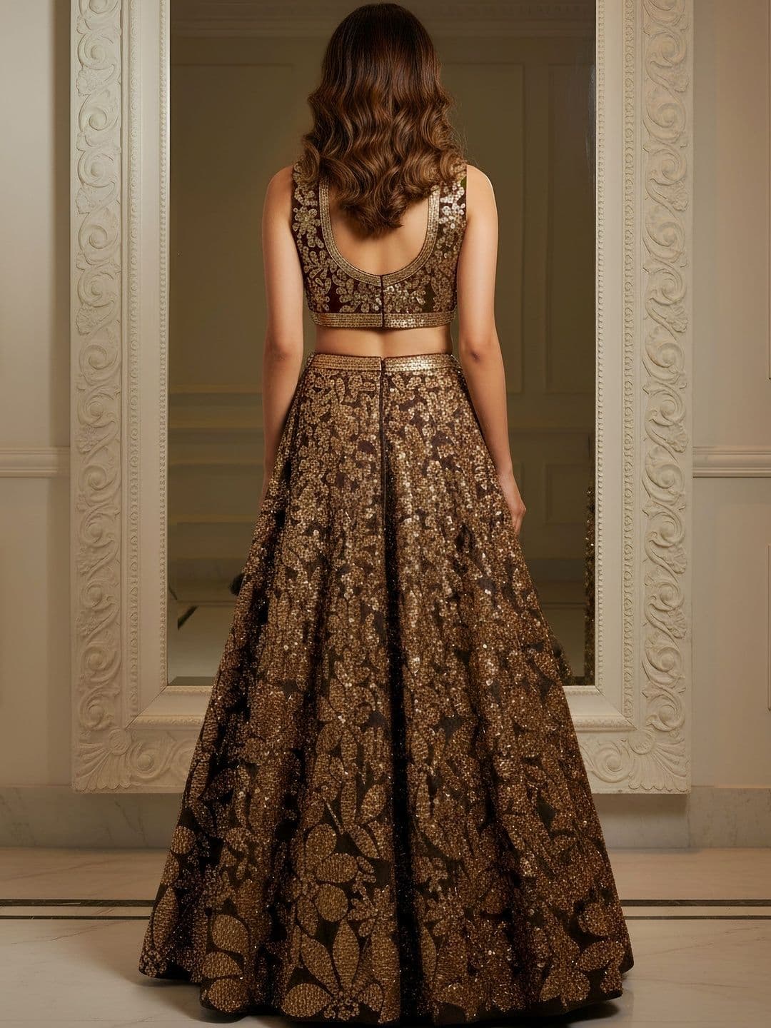ETHNIC PLUS Embroidered Brown Embellished Sequinned Semi-Stitched Lehenga & Blouse With Dupatta thumbnail 6