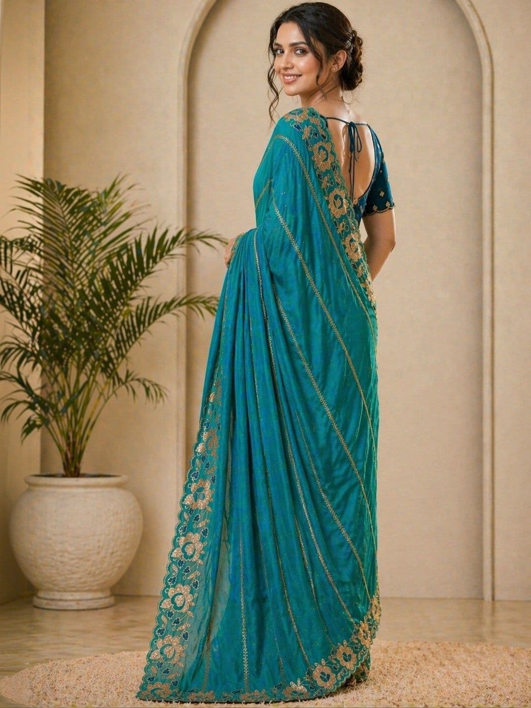 HERE&NOW Floral Embroidered Poly Georgette Designer Banarasi Saree thumbnail 2