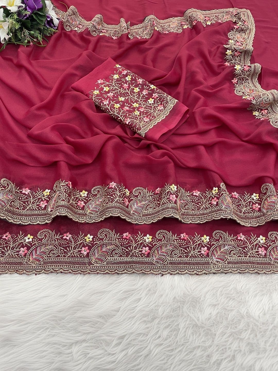 Saanvi Floral Embroidered Poly Georgette Heavy Work Saree thumbnail 4